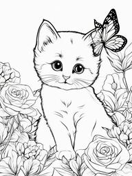 Kitty with a Butterfly Friend Coloring Pages - Kitten with a Delicate Butterfly  minimal black outline printable sheet, coloring page