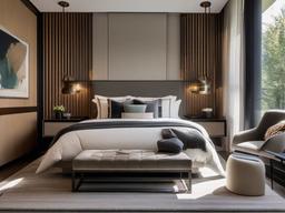 In the guest bedroom, urban modern interior design offers a contemporary atmosphere with stylish furnishings, large windows, and neutral colors that ensure a comfortable stay for visitors.  