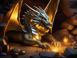 metallic dragon guarding a treasure hoard deep within a cavern, its metallic scales gleaming like precious metals. 