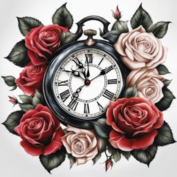 Clock tattoos with roses, Tattoos featuring both clock elements and the elegance of roses. ,colorful, tattoo pattern, clean white background