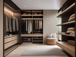 In the walk-in closet, Japandi interior design includes functional shelving, natural lighting, and a serene atmosphere that create a stylish and efficient dressing area.  