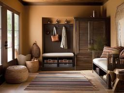 Southwestern mudroom combines earthy colors, patterned textiles, and rustic furniture for a warm and inviting atmosphere when entering the space.  