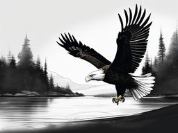 drawing of an eagle flying over a lake  minimal rough sketch scribbles,doodles,black and white