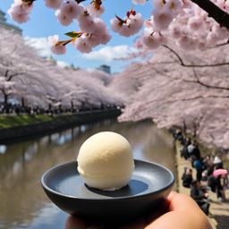 mochi ice cream, a japanese treat, relished under the cherry blossoms during hanami. 