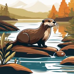 Otter Clip Art - Playful otter swimming in a river,  color vector clipart, minimal style