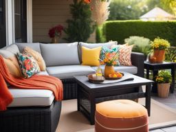 Patio Paradise - Comfortable and stylish patio with outdoor furniture and colorful accents. realistic, professional photography, bokeh, natural lighting, canon lens, shot on dslr 64 megapixels sharp focus