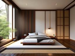 Japanese master bedroom showcases clean lines, natural materials, and a simple futon bed, promoting a serene and harmonious environment.  