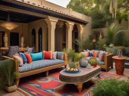 The outdoor patio embraces Egyptian Revival interior design with bold colors, patterned textiles, and ornamental furniture that create a stylish and inviting atmosphere for gatherings.  