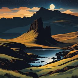 isle of skye, scotland - illustrate the rugged beauty of scotland's isle of skye, with its dramatic cliffs and lochs under a starry night. 