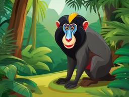 Mandrill Cartoon - Cartoon of mandrill in jungle scenery  