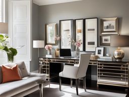 chic office with a glass desk and designer furnishings. 
