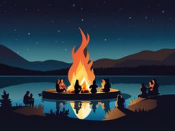 Bonfire at the Lake clipart - People gathering around a lakeside bonfire at night., ,vector color clipart,minimal