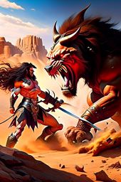 conan the barbarian vs the manticore - the mighty barbarian conan clashes with the venomous manticore in a savage desert arena. 