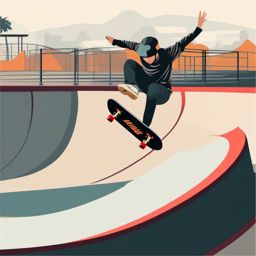 Skatepark Skateboarding Clipart - A skateboarder performing tricks at a skatepark.  color vector clipart, minimal style