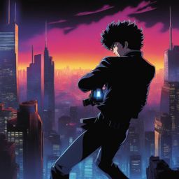 spike spiegel dives into a gunfight amid neon lights and skyscrapers in a futuristic metropolis. 