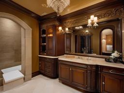 In the guest bathroom, Italian Renaissance interior design features elegant fixtures, rich colors, and ornate details that create a welcoming atmosphere for visitors.  