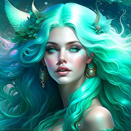 mermaid enchantress with flowing aquamarine hair, luring sailors with her siren song. 
