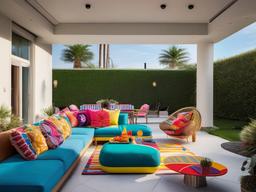 The outdoor patio embraces Pop Art interior design with colorful furniture, bold cushions, and playful decor that creates a lively atmosphere for relaxation and gatherings.  