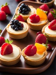 a platter of mini cheesecakes, each with a different fruity topping and a buttery graham cracker crust. 