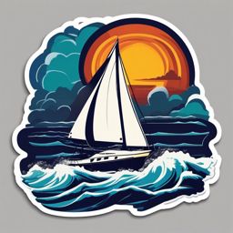 Sailboat in Storm Sticker - Sailboat navigating stormy seas, ,vector color sticker art,minimal