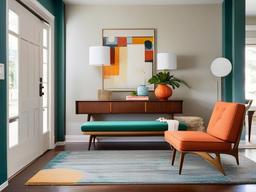 Mid-century modern entryway features retro-style furniture, a stylish bench, and colorful accents that add character while remaining practical.  