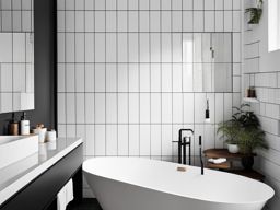 scandinavian bathroom with white subway tiles and minimalist fixtures. 