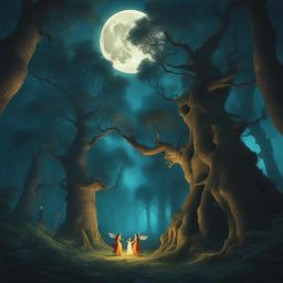playful forest spirits dancing among ancient, towering trees in a moonlit grove. 