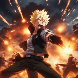 bakugou charges headlong into a chaotic battlefield, explosions lighting the sky. 