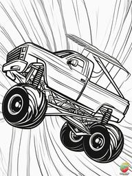 Monster Truck Performing Mid-Air Spin Coloring Pages - Trucks Spinning While Airborne  minimal black outline printable sheet, coloring page