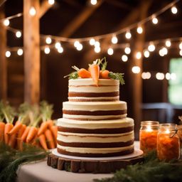 wedding carrot cake in a charming barn: see a moist carrot wedding cake with cream cheese frosting positioned in a quaint barn with exposed beams and cozy lighting. 