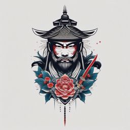 Samurai tattoo in tranquil surroundings.  color tattoo,minimalist,white background