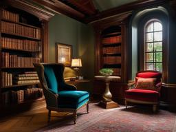 In the reading nook, Italian Renaissance interior design highlights a comfortable chair, rich colors, and elegant decor that create a perfect space for enjoying books and daydreaming.  