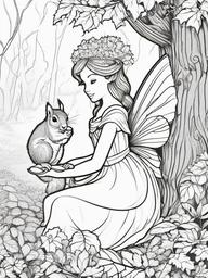 Fairy and a Squirrel Coloring Pages - Fairy Sharing Nuts with a Squirrel  minimal black outline printable sheet, coloring page