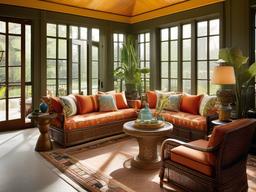 A sunroom with Egyptian Revival interior design highlights rich textiles, decorative furniture, and abundant natural light, creating a vibrant space to relax and enjoy the outdoors.  