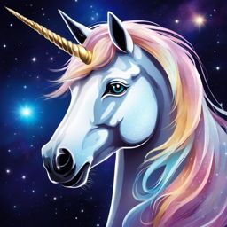 An unicorn in space with galaxies behind her, she has a sparkling mane and shining eyes.