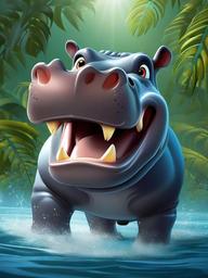 Hippopotamus cartoon - large, water-loving animal with big jaws  