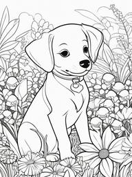 Puppy in a Garden Coloring Pages - Puppy Exploring a Flower Garden  minimal black outline printable sheet, coloring page