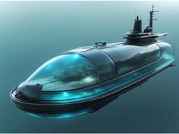 futuristic submarine, its transparent hull revealing the depths of the ocean and its bioluminescent creatures. 