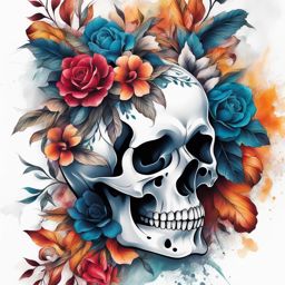 Skull floral tattoo, Artistic tattoos that combine skull motifs with floral elements.  vivid colors, white background, tattoo design