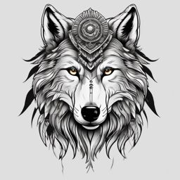 Wolf Head Dress Tattoo,striking fusion of the wolf and a ceremonial headdress, testament to honor and bravery. , tattoo design, white clean background