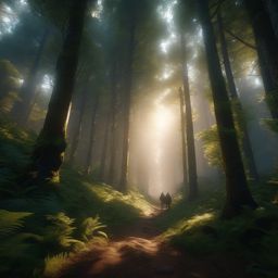 Group of adventurers journey through a mystical, ever-shifting forest where the trees whisper secrets.  8k, hyper realistic, cinematic