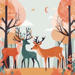 Deer clipart - deer with friends in a whimsical forest  color,minimalist,vector clipart