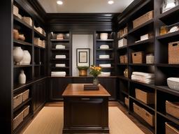 The storage room showcases American Colonial interior design with practical shelving, elegant accents, and a well-organized layout that maximizes efficiency while adding character to the space.  