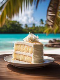 coconut cream cake enjoyed on a tropical island resort with swaying palm trees. 