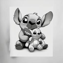 drawing of Stitch hugging Lilo  minimal rough sketch scribbles,doodles,black and white