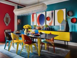 The dining room embodies Pop Art interior design with eclectic tableware, bright colors, and artful decor that transforms meals into a visually stimulating experience.  