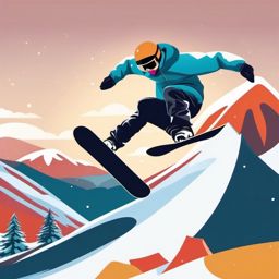 Snowboarding Freestyle Jump Clipart - A snowboarder executing freestyle jumps in the terrain park.  color vector clipart, minimal style