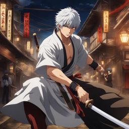 gintoki sakata,dueling an opponent with his trusty wooden sword,a chaotic urban alley anime, anime key visual, japanese manga, pixiv, zerochan, anime art, fantia