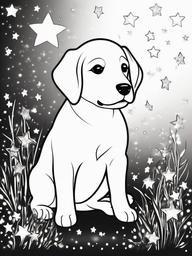 Puppy with Stars and Sparkles Coloring Pages - Dreamy Scene of Puppy Surrounded by Sparkles  minimal black outline printable sheet, coloring page