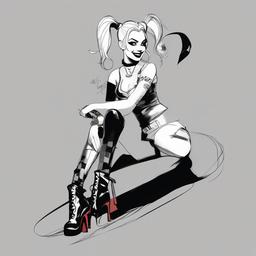 drawing of Harley Quinn in a playful pose  minimal rough sketch scribbles,doodles,black and white